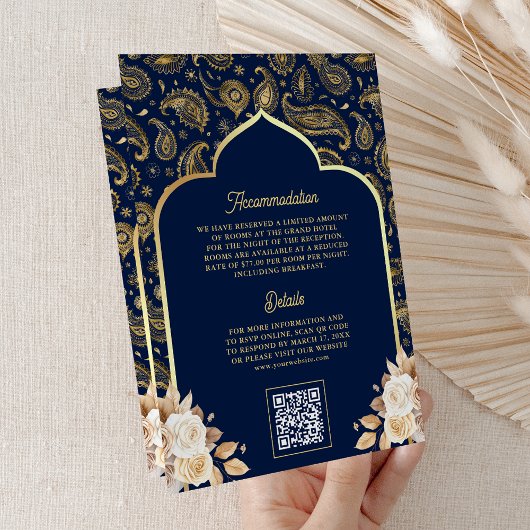 Blauw Goud Paisley Bloemen QR Code Indiase bruilof