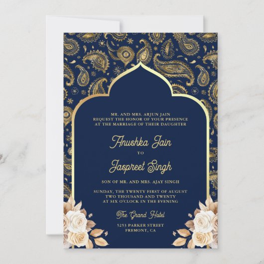 Blauw Goud Paisley Bloemen QR Code Indiase bruilof Kaart (Voorkant)