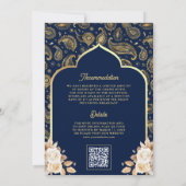 Blauw Goud Paisley Bloemen QR Code Indiase bruilof Kaart (Achterkant)
