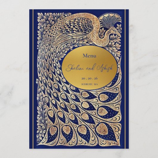 Blauw Goud Pauw Art Nouveau Huwelijk Flat Menu (Achterkant)