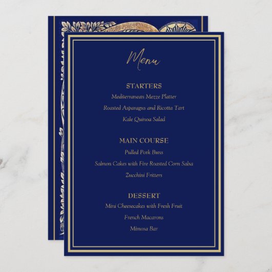 Blauw Goud Pauw Art Nouveau Huwelijk Flat Menu (Voorkant / Achterkant)