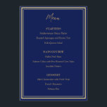 Blauw Goud Pauw Art Nouveau Huwelijk Flat Menu<br><div class="desc">Verras uw gasten met dit elegante Art Nouveau huwelijksmenu met een ingewikkelde gouden pauw op een diepblauwe achtergrond. De tekst is in goud om de blauwe achtergrond te compenseren. De goudkleur is geen echte folie maar een rijk goudkleurig pigment en de mooie pauw komt van een antiek boekomslag. Verander eenvoudig...</div>