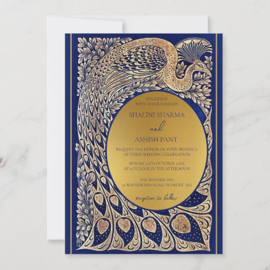Blauw Goud Pauw Art Nouveau Huwelijksuitnodiging Kaart (Voorkant)