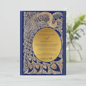 Blauw Goud Pauw Art Nouveau Huwelijksuitnodiging Kaart (Staand voorkant)