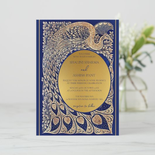 Blauw Goud Pauw Art Nouveau Huwelijksuitnodiging Kaart (Staand voorkant)
