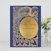 Blauw Goud Pauw Indiase Hindoe bruiloft ceremonie Programmakaart (Staand voorkant)