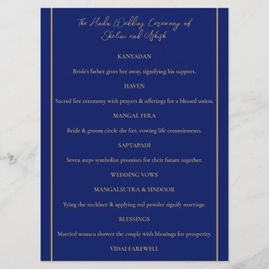 Blauw Goud Pauw Indiase Hindoe bruiloft ceremonie Programmakaart (Achterkant)