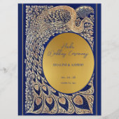 Blauw Goud Pauw Indiase Hindoe bruiloft ceremonie Programmakaart (Voorkant)