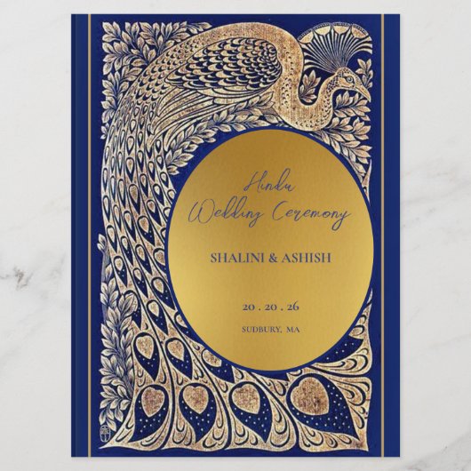 Blauw Goud Pauw Indiase Hindoe bruiloft ceremonie Programmakaart (Voorkant)