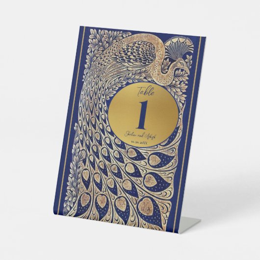 Blauw Goud Pauw Indiase Trouwtafel Nummer Reclamebord Met Voetstuk (Voorkant)