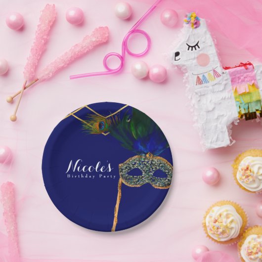 Blauw & Goud Pauw Maskerade Aangepast Feest Papieren Bordje (Feest)
