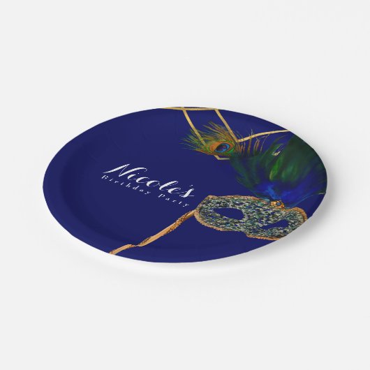 Blauw & Goud Pauw Maskerade Aangepast Feest Papieren Bordje (Gekanteld)