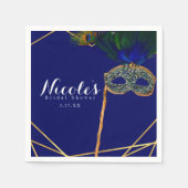 Blauw & Goud Pauw Maskerade Aangepast Feest Servet (Voorkant)
