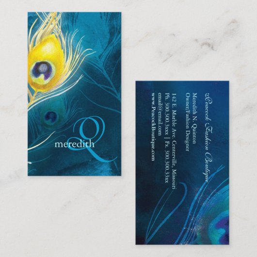 Blauw Goud Pauw Veren Monogram Visitekaartje (Voorkant / Achterkant)