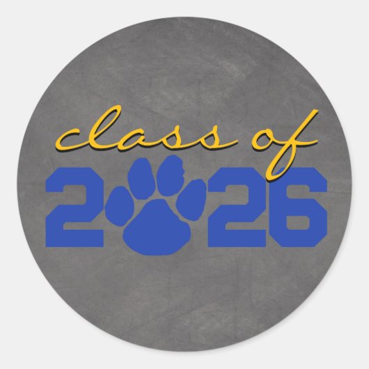 Blauw & Goud Pawprint Licht Schoolbord Afstuderen Ronde Sticker (Voorkant)