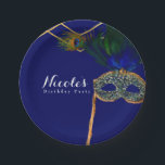 Blauw & Goud Peacock Masquerade Custom Party Papieren Bordje<br><div class="desc">Blue & Gold Peacock Masquerade Custom Party Borden. Overeenkomende objecten beschikbaar. Aanpassen met elke tekst.</div>