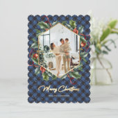 Blauw Goud Plaid Foto Vrolijk Kerstfeest Kaart (Staand voorkant)