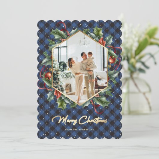 Blauw Goud Plaid Foto Vrolijk Kerstfeest Kaart (Staand voorkant)
