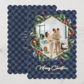 Blauw Goud Plaid Foto Vrolijk Kerstfeest Kaart (Voorkant / Achterkant)