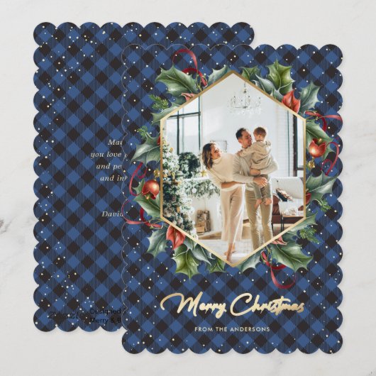 Blauw Goud Plaid Foto Vrolijk Kerstfeest Kaart (Voorkant / Achterkant)