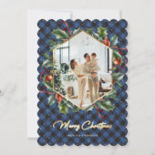 Blauw Goud Plaid Foto Vrolijk Kerstfeest Kaart (Voorkant)