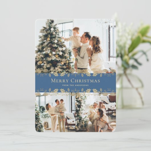 Blauw Goud Plakken Botanische Foto Vrolijk Kerstfe Feestdagenkaart (Staand voorkant)