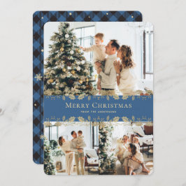 Blauw Goud Plakken Botanische Foto Vrolijk Kerstfe Feestdagenkaart