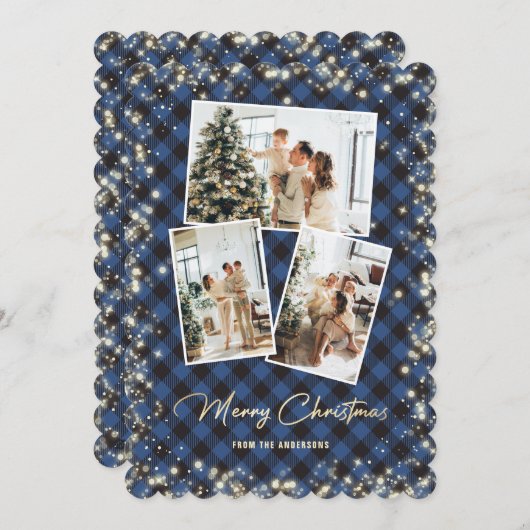 Blauw Goud Plakken Fotocollage Vrolijk Kerstfeest Feestdagenkaart (Voorkant / Achterkant)