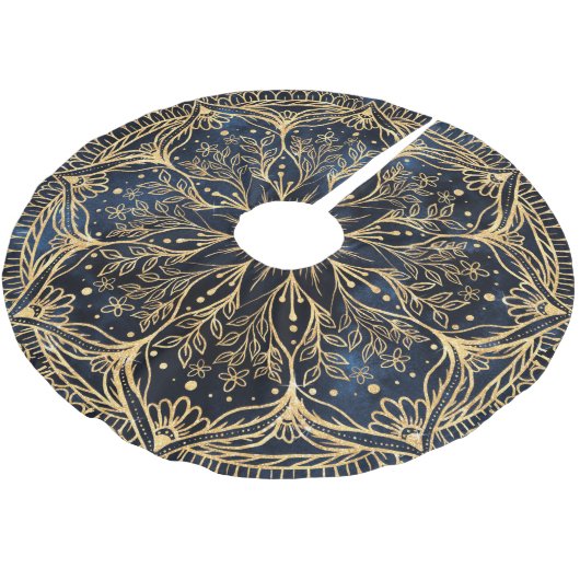 Blauw Goud Poinsettia Bloem Mandala Kerstboom Rok (Gekanteld)