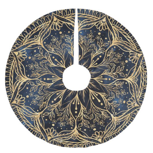 Blauw Goud Poinsettia Bloem Mandala Kerstboom Rok (Voorkant)