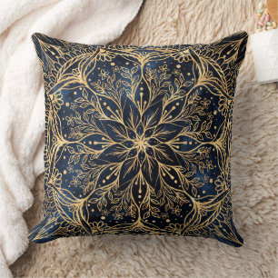 Blauw Goud Poinsettia Bloem Mandala Kussen