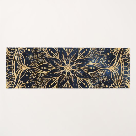 Blauw Goud Poinsettia Bloem Mandala Yogamat (Voorkant (horizontaal))