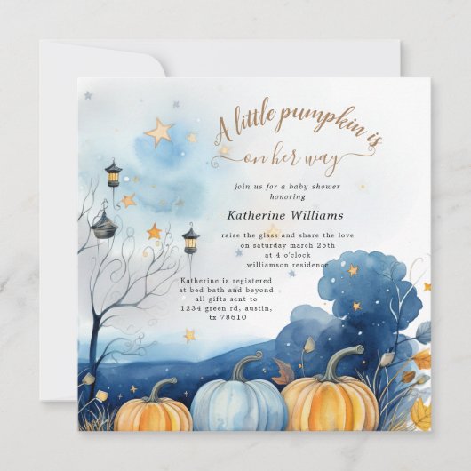 Blauw Goud Pompoen Herfst Baby shower Invitation Kaart (Voorkant)