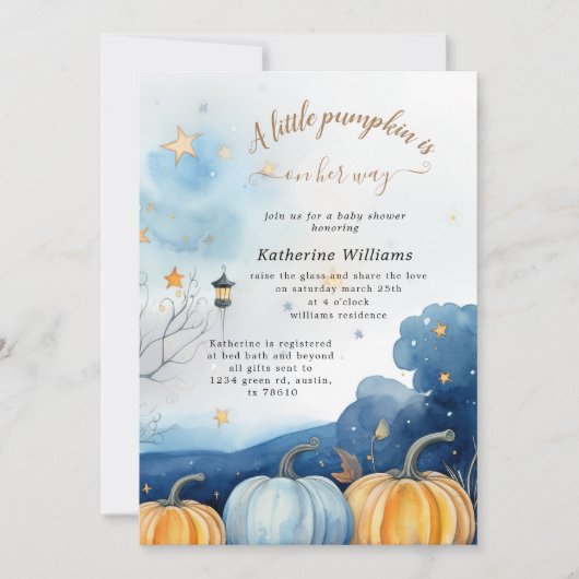 Blauw Goud Pompoen Herfst Baby shower Invitation Kaart (Voorkant)