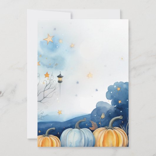 Blauw Goud Pompoen Herfst Baby shower Invitation Kaart (Achterkant)