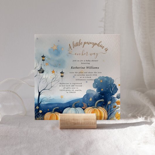 Blauw Goud Pompoen Herfst Baby shower Invitation Kaart
