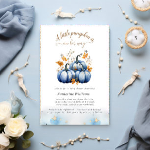 Blauw Goud Pompoen Herfst Baby shower Invitation Kaart
