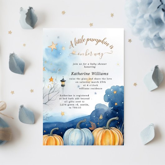 Blauw Goud Pompoen Herfst Baby shower Invitation Kaart