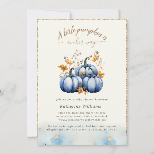 Blauw Goud Pompoen Herfst Baby shower Invitation Kaart (Voorkant)