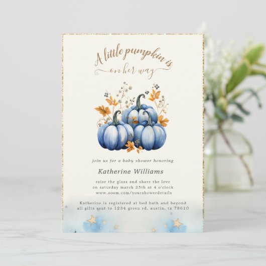 Blauw Goud Pompoen Herfst Baby shower Invitation Kaart (Staand voorkant)