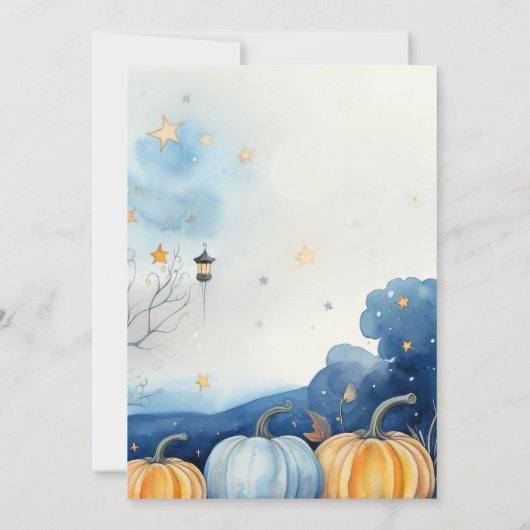 Blauw Goud Pompoen Herfst Baby shower Invitation Kaart (Achterkant)