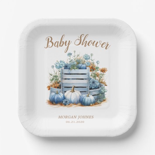 Blauw Goud Pompoen Herfst Baby shower Papieren Bordje (Voorkant)