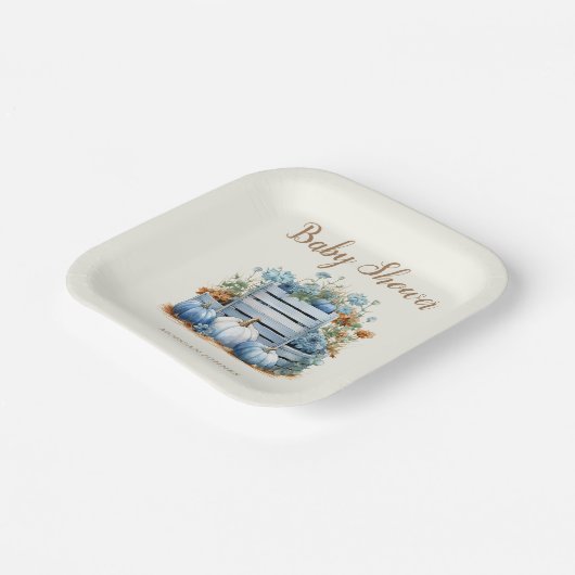 Blauw Goud Pompoen Herfst Baby shower Papieren Bordje (Gebogen)