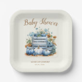 Blauw Goud Pompoen Herfst Baby shower Papieren Bordje (Voorkant)