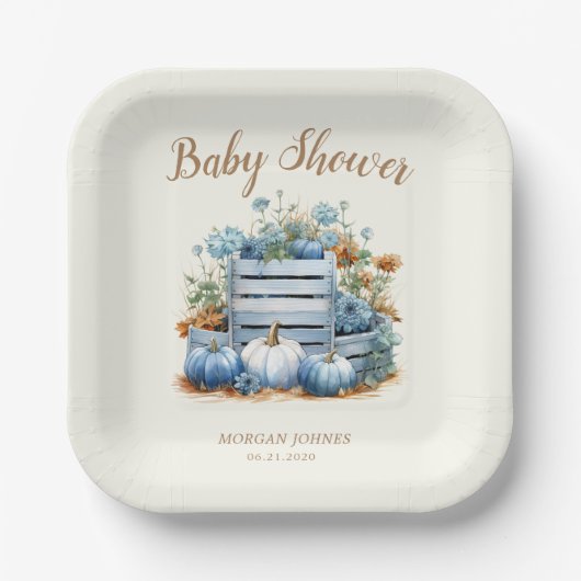 Blauw Goud Pompoen Herfst Baby shower Papieren Bordje (Voorkant)