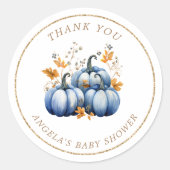 Blauw Goud Pompoen Herfst Baby shower Ronde Sticker (Voorkant)