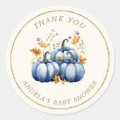 Blauw Goud Pompoen Herfst Baby shower Ronde Sticker (Voorkant)