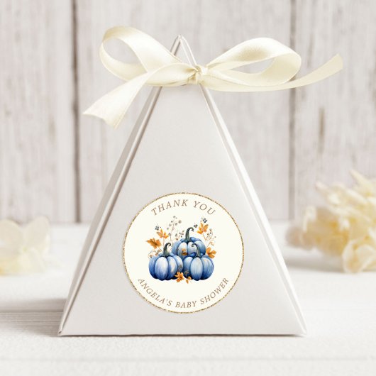 Blauw Goud Pompoen Herfst Baby shower Ronde Sticker