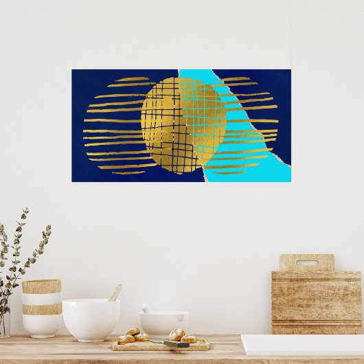 Blauw Goud Poster Abstracte Moderne Collage Wall A (Keuken)