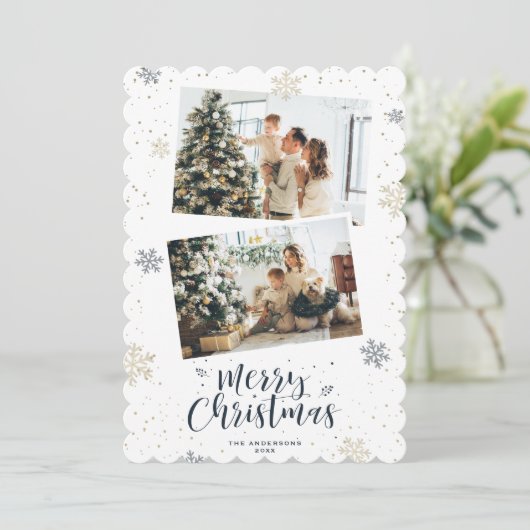 Blauw Goud Prettig Kerstfeest 2 Foto Feestdagenkaart (Staand voorkant)